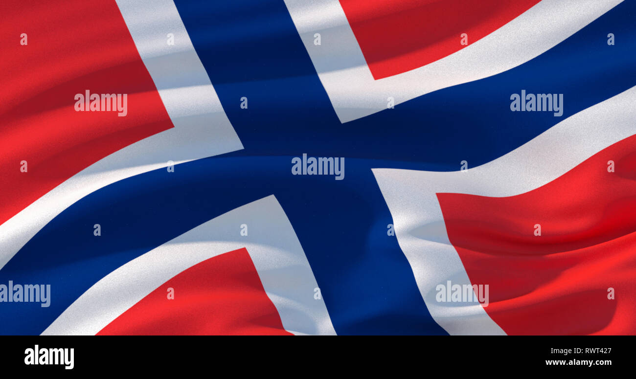 Fluttering silk flag of Norway in the wind, colorful background. 3d ...