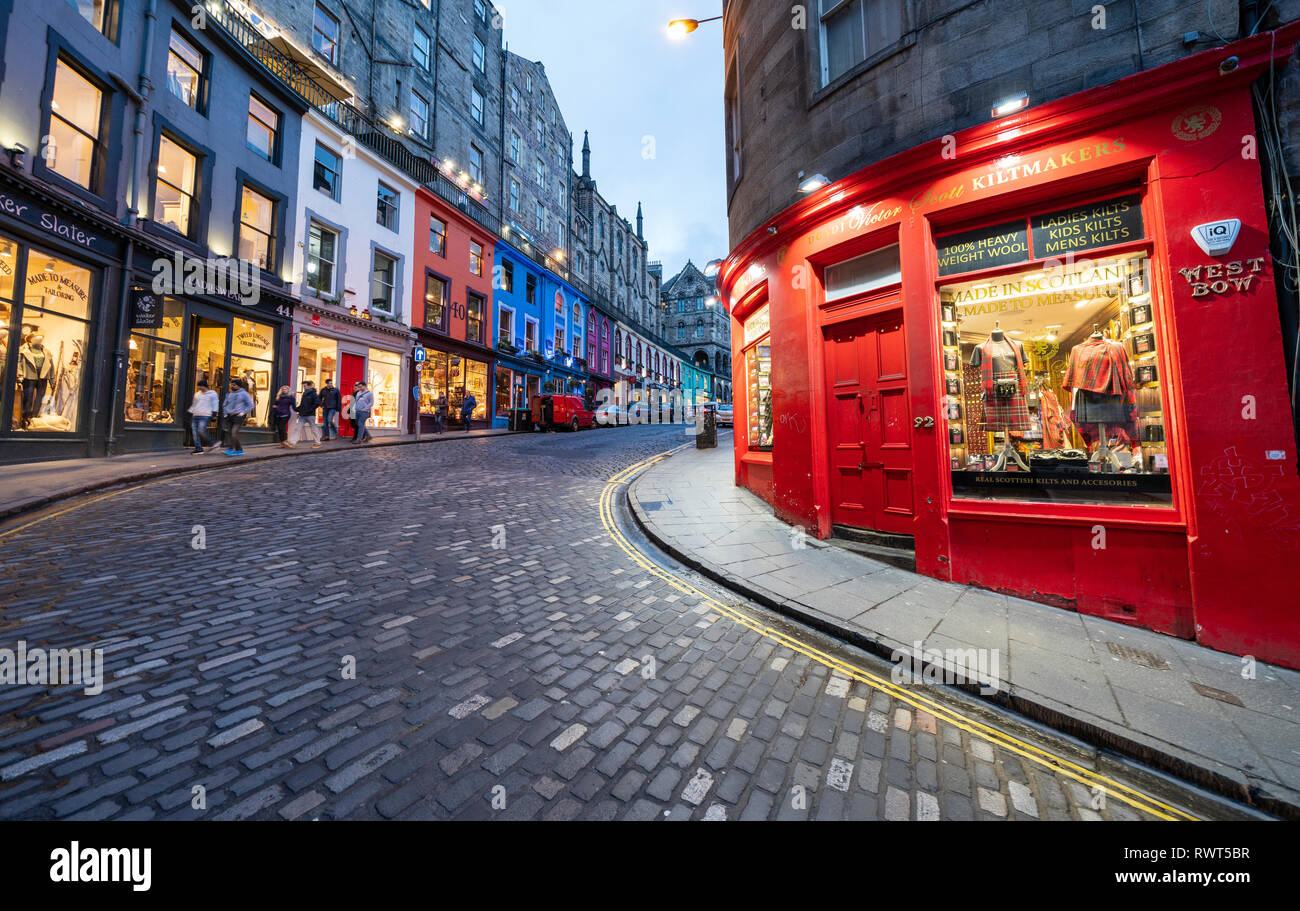 Dusk view of historic buildings and shops on Victoria Street in