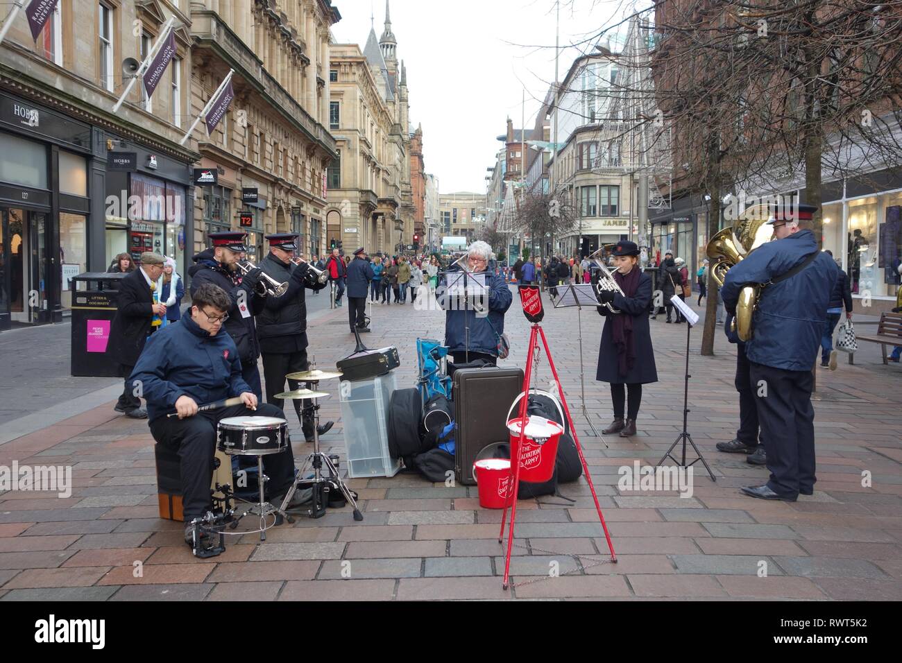 Salvation Army band entertaining Christmas shoppers on Buchanan Street precinct, Glasgow, Scotland, UK, Europe Stock Photo