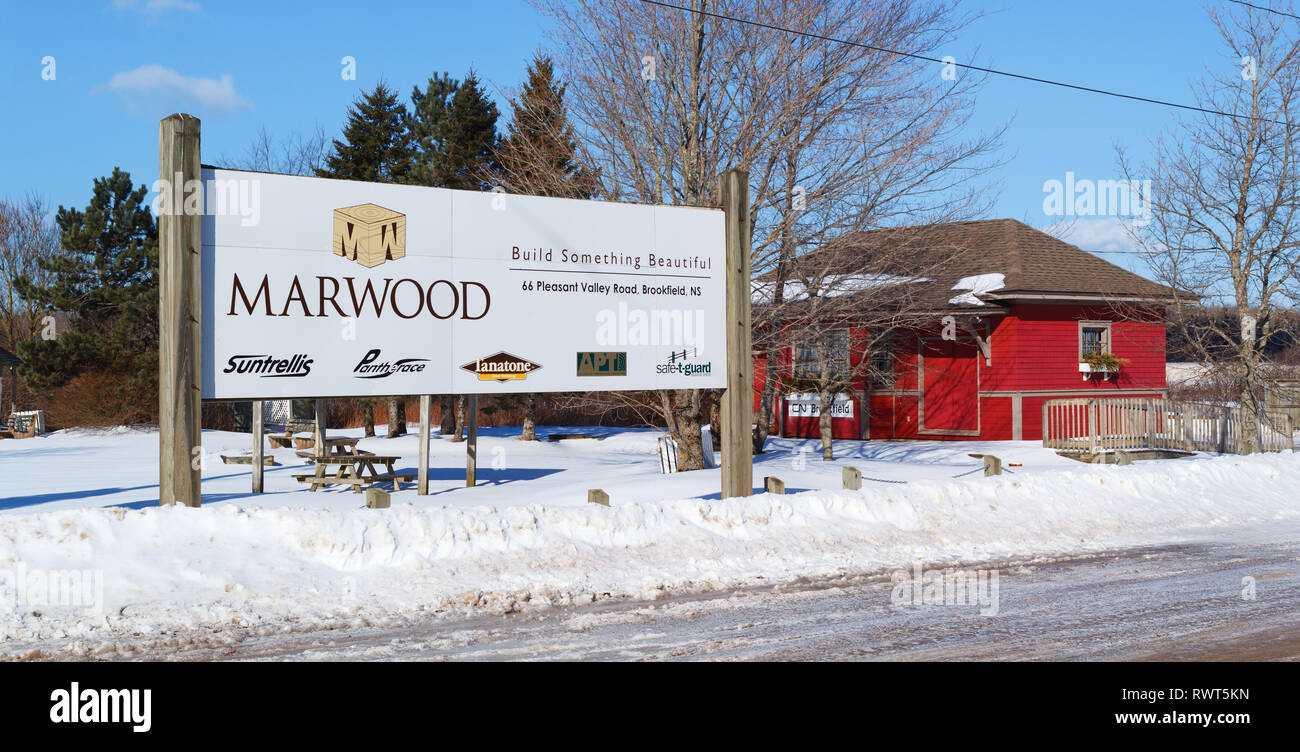 Brookfield, Canada - March 07, 2019: Marwood company sign. Marwood Ltd. is a Canadian wood pressure treatment company supplying various wood products. Stock Photo