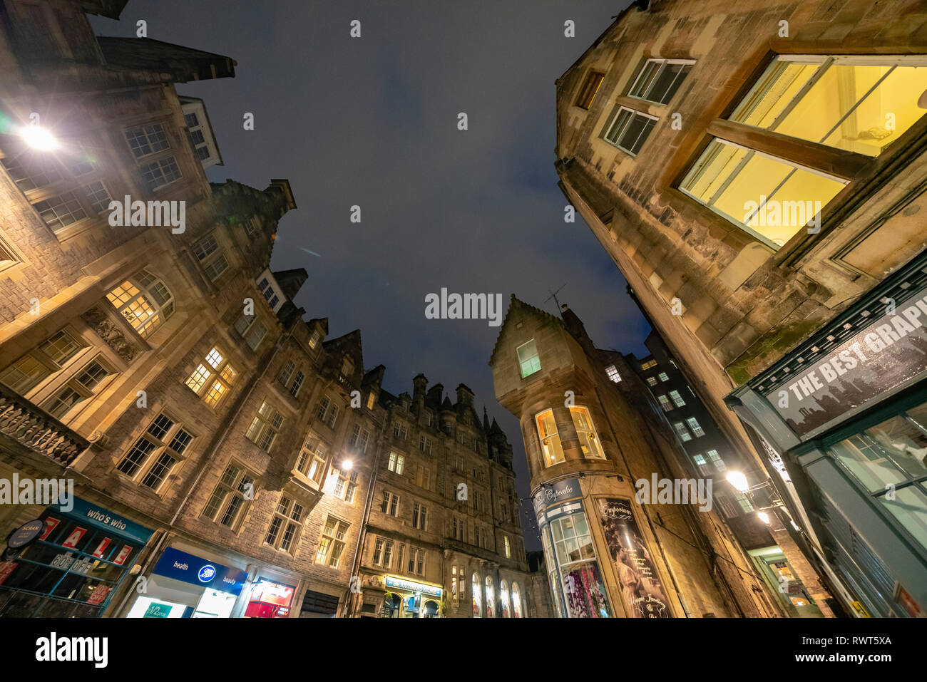 Night view of old buildings lining historic Cockburn Street in Edinburgh Old Town, Scotland ,UK Stock Photo