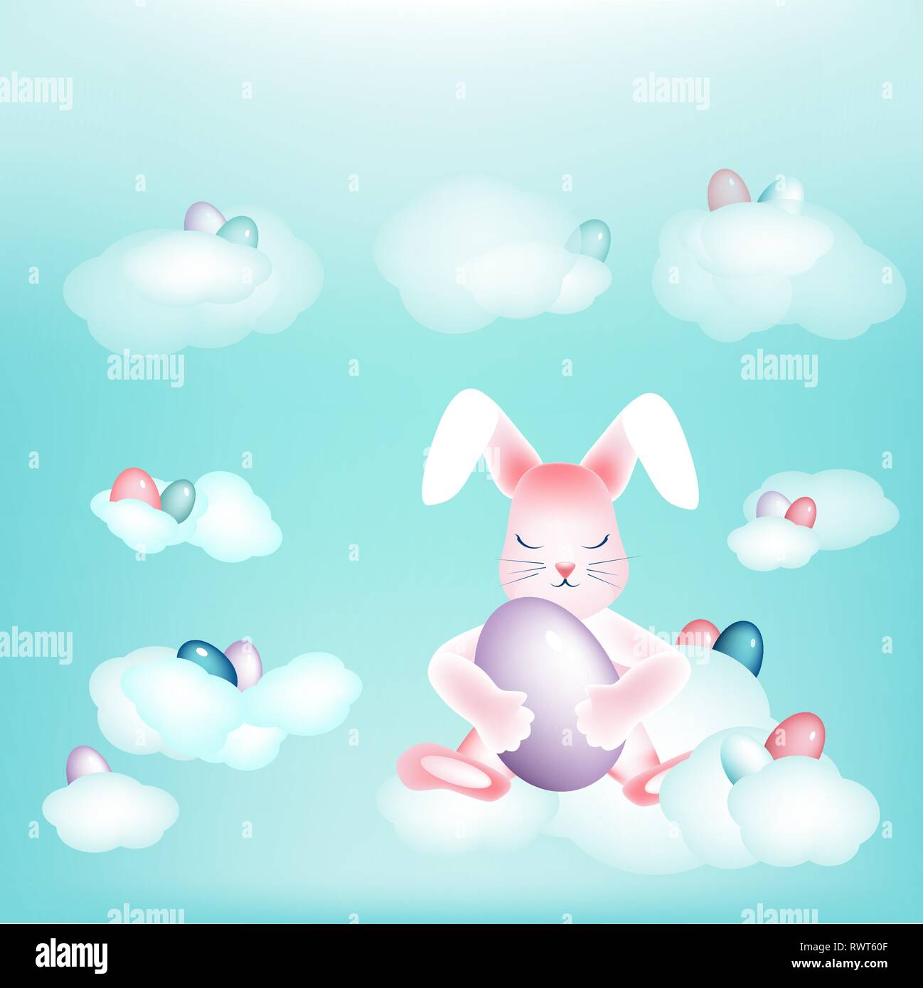 Easter bunny with colorful eggs napping on the clouds Copy space Stock Vector