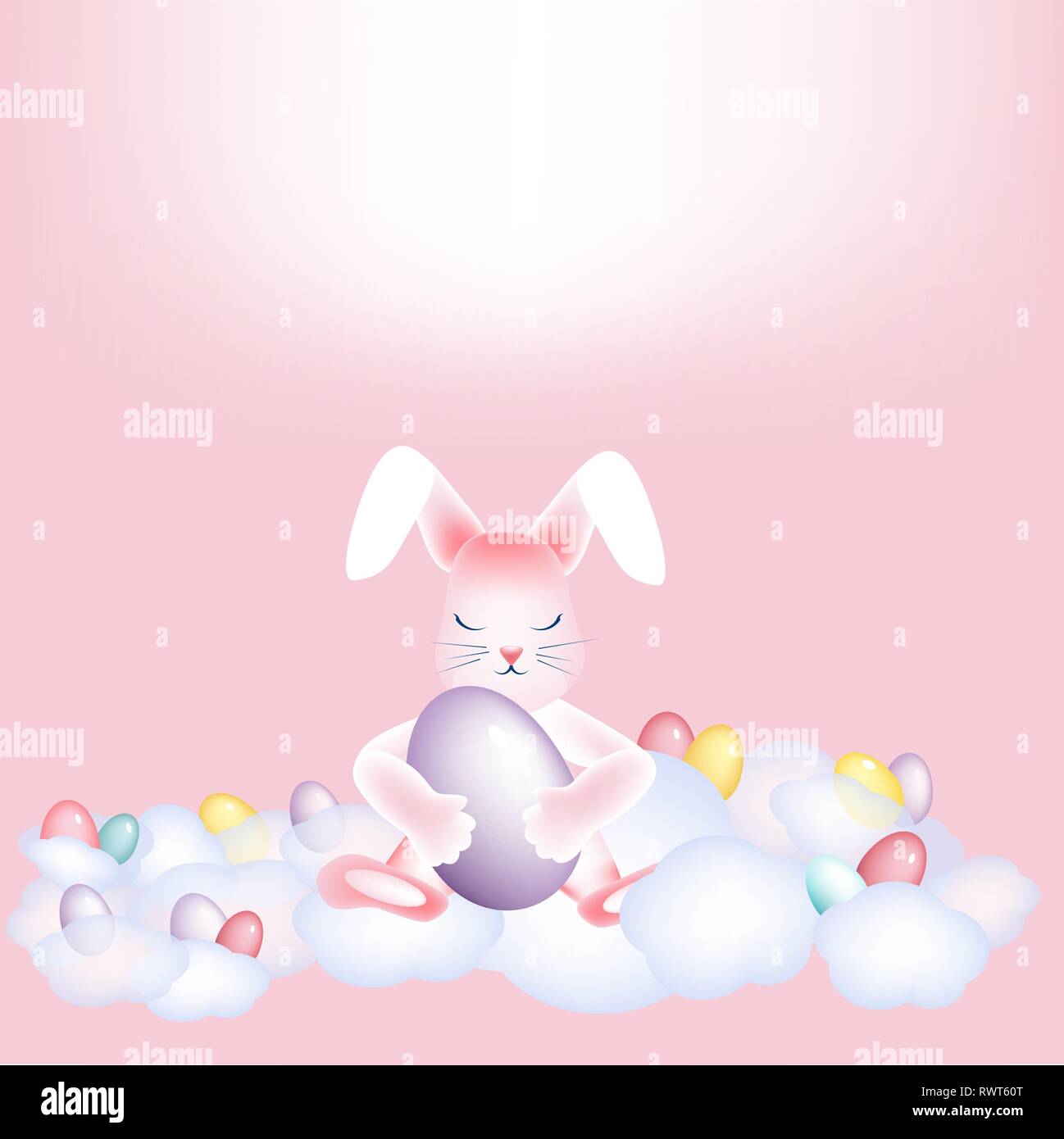 Easter bunny with colorful eggs napping on the clouds Copy space Stock Vector