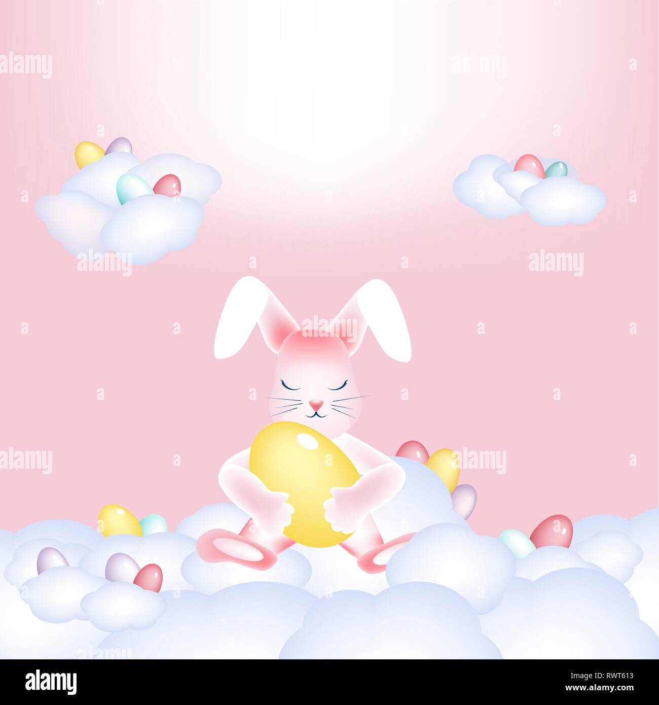 Easter bunny with colorful eggs napping on the clouds Copy space Stock Vector