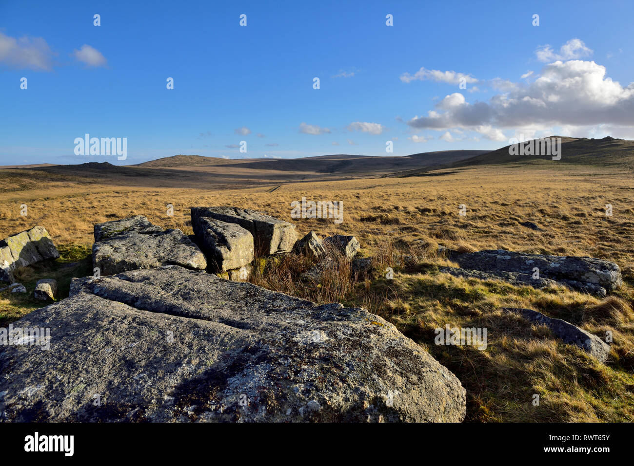 Dartmoor moorland with granite boulders and looking across open moors toward Oke Tor, Devon Stock Photo