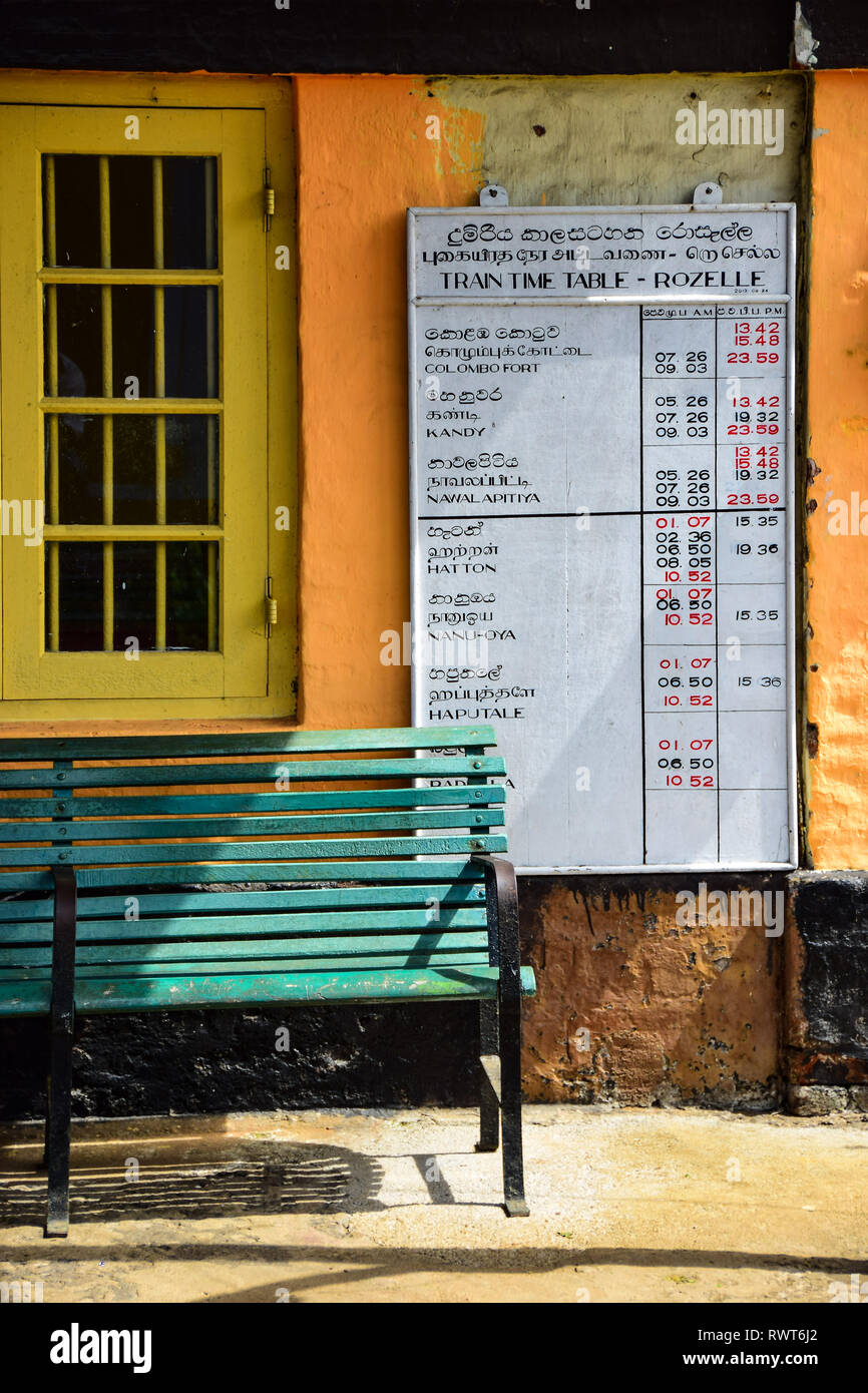 Train Platform, Train Timetable, Rozelle, Sri Lanka Stock Photo