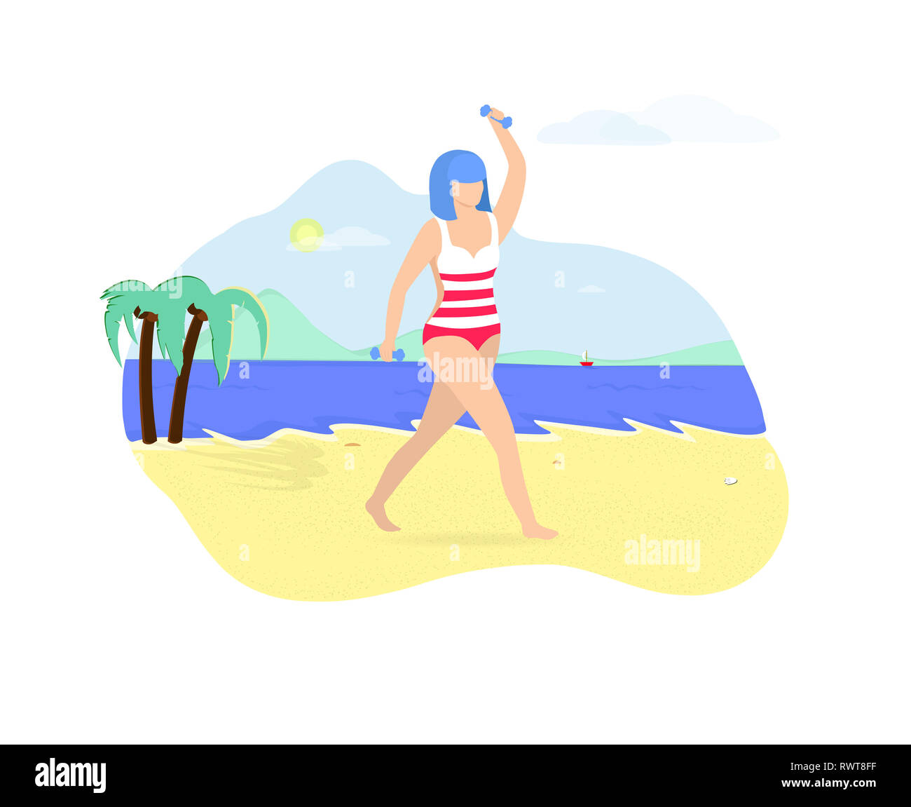 Young Beautiful Girl with Blue Hair Exercising with Dumbbells on Beach. Plus Size Woman in Striped Swimsuit. Body Positive, Sport, Healthy Lifestyle.  Stock Photo
