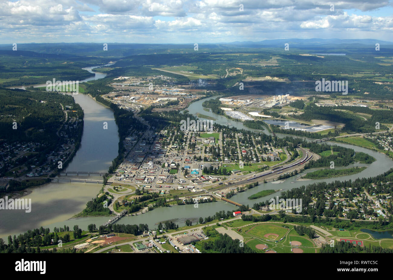 aerial, Fraser River, Quesnel, BC Stock Photo