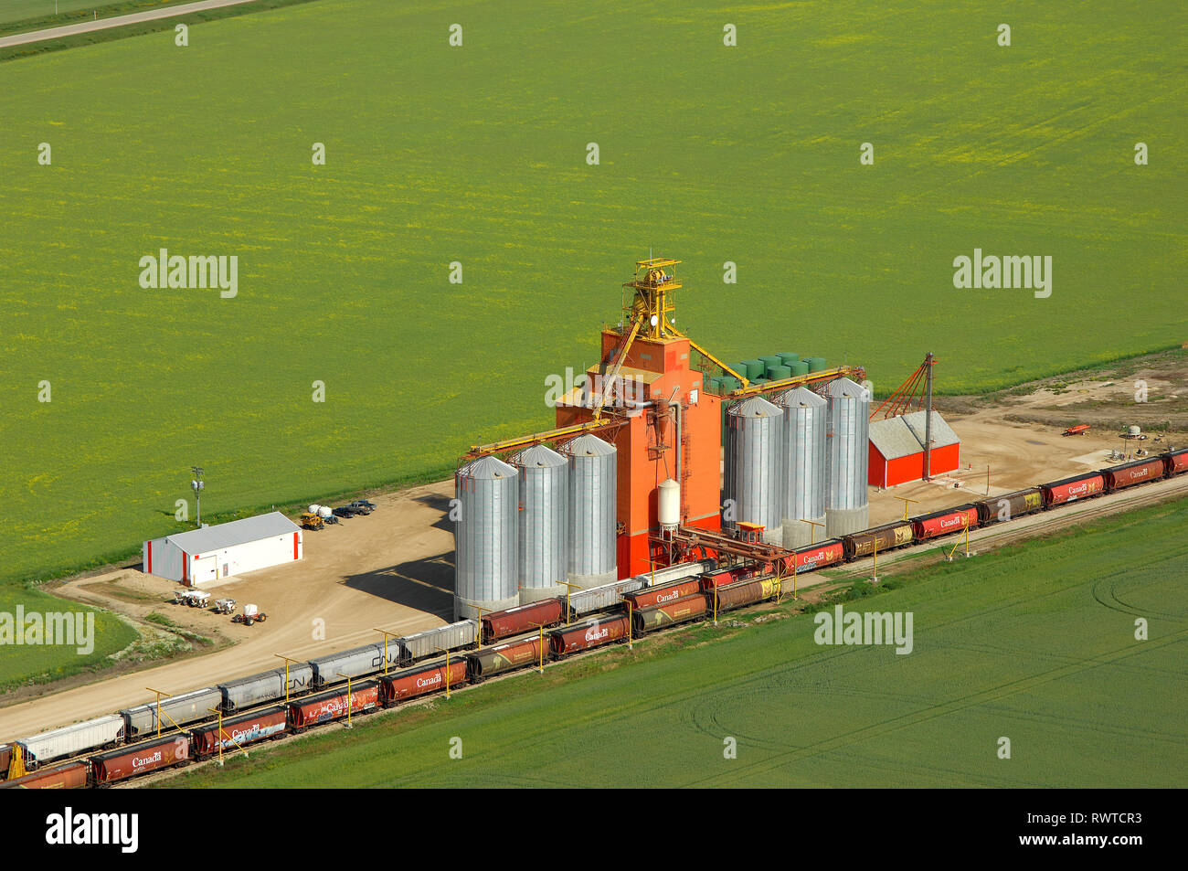 aerial, grain elevator Swan River, Manitoba Stock Photo