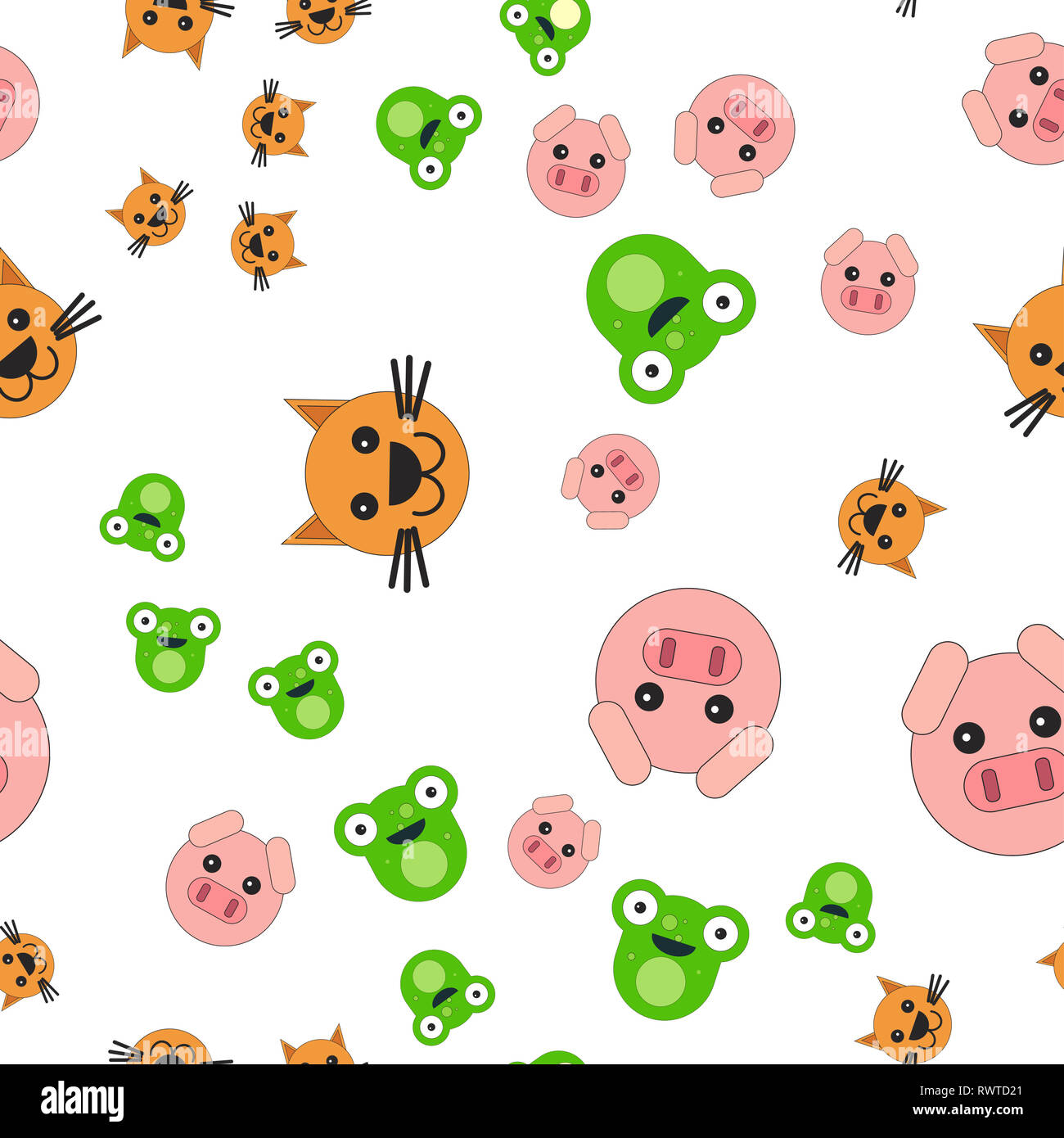Seamless pattern of the head of a cat frog and pig.  illustration in cartoon style. Stock Photo