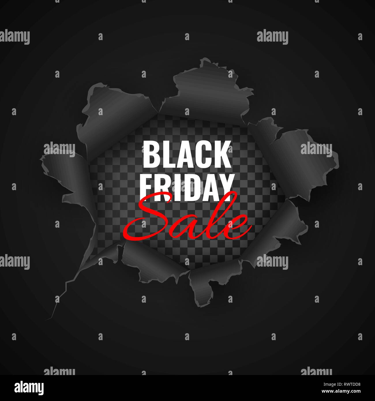 Black Friday sale background. Hole in black paper. Vector illustration. Stock Vector
