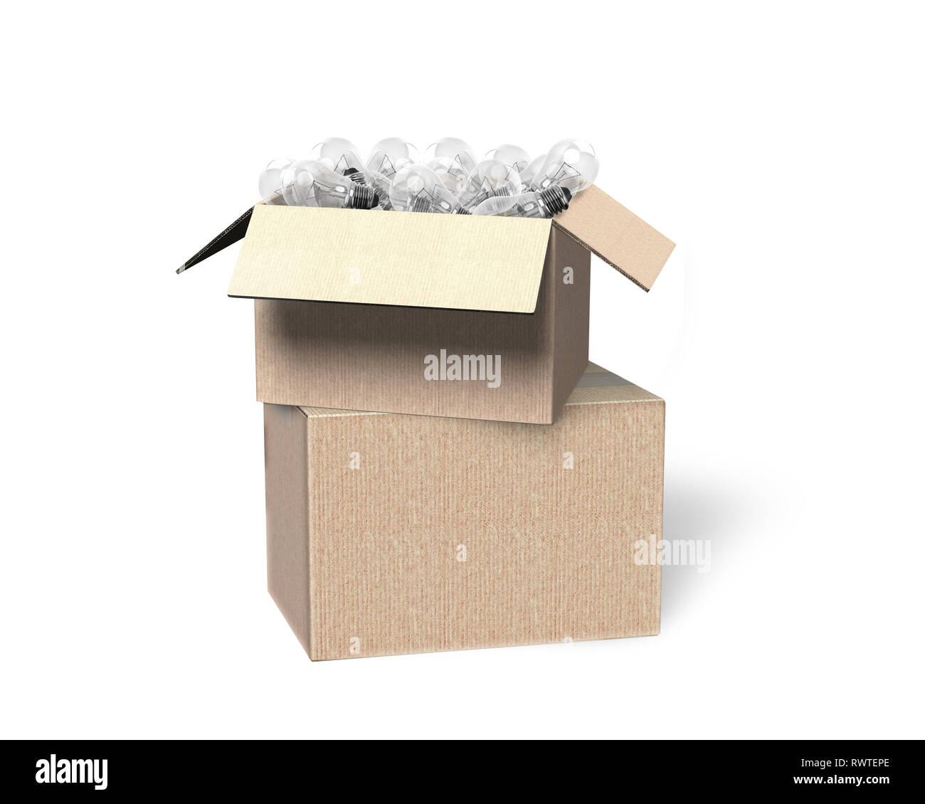 Stack of opened cardboard box with light bulbs, isolated on white, 3D