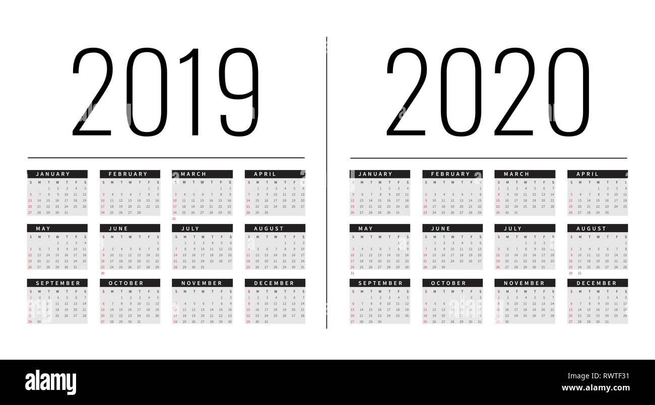 Mockup Simple calendar Layout for 2019 and 2020 years. Week starts from ...