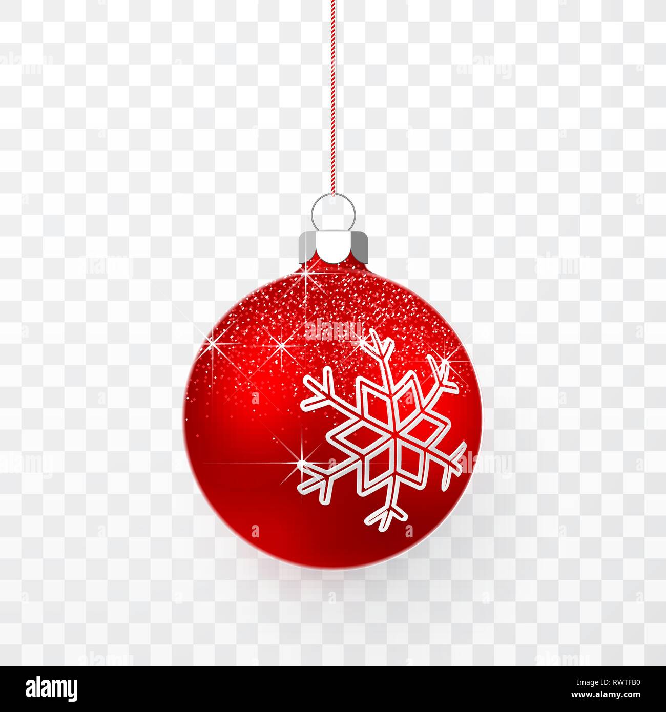 Red Christmas ball with snow effect. Xmas glass ball on transparent ...