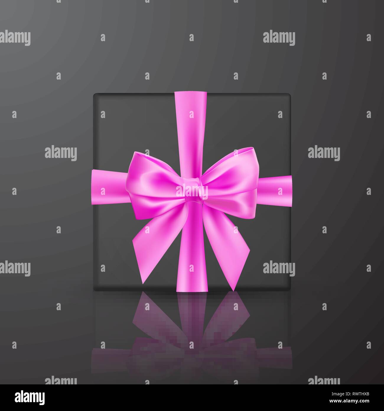 Realistic black gift box with pink bow and ribbon. Element for