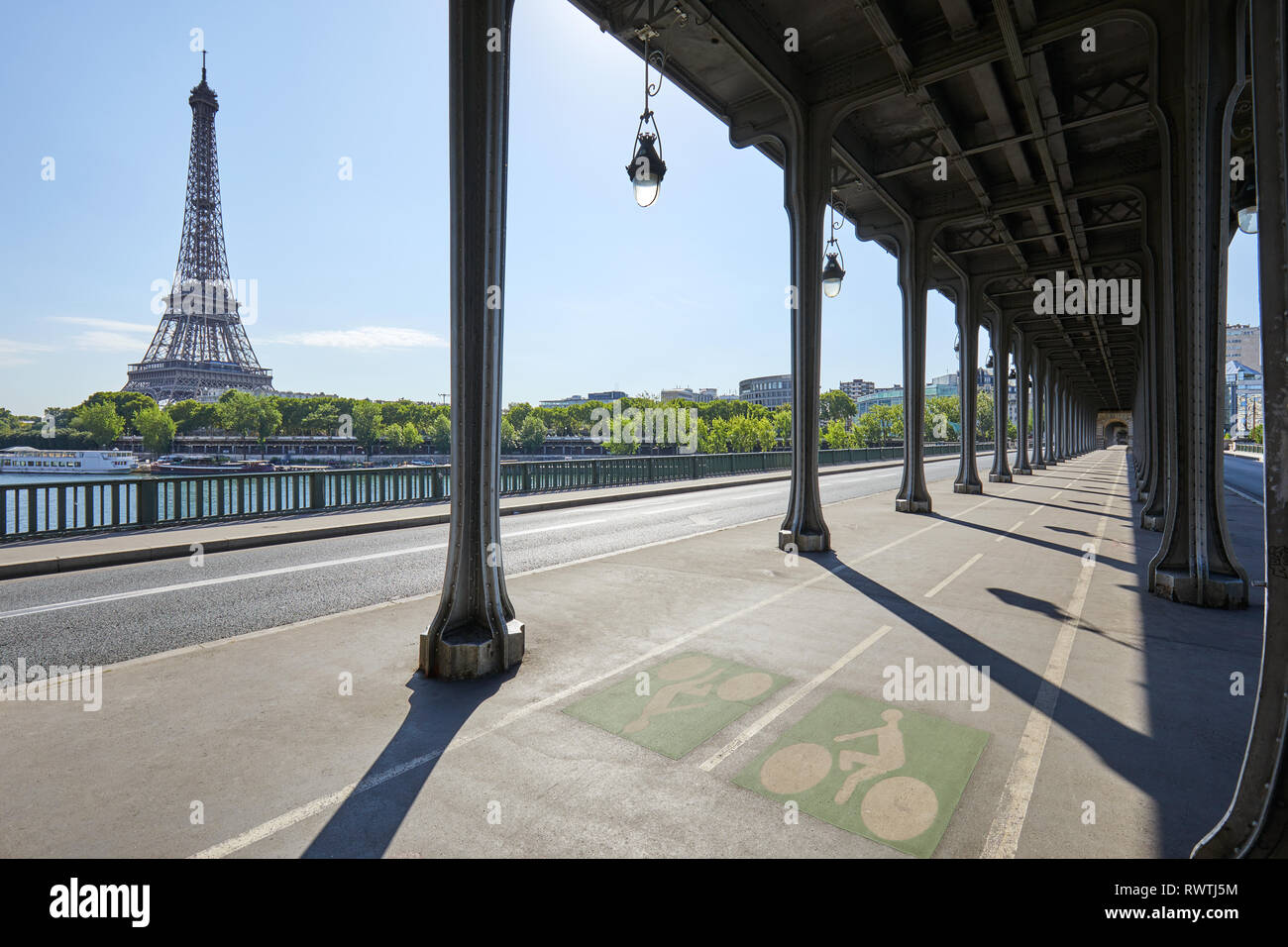 Bir Hakeim bridge and Eiffel tower in a sunny summer day, nobody in Paris, France Stock Photo