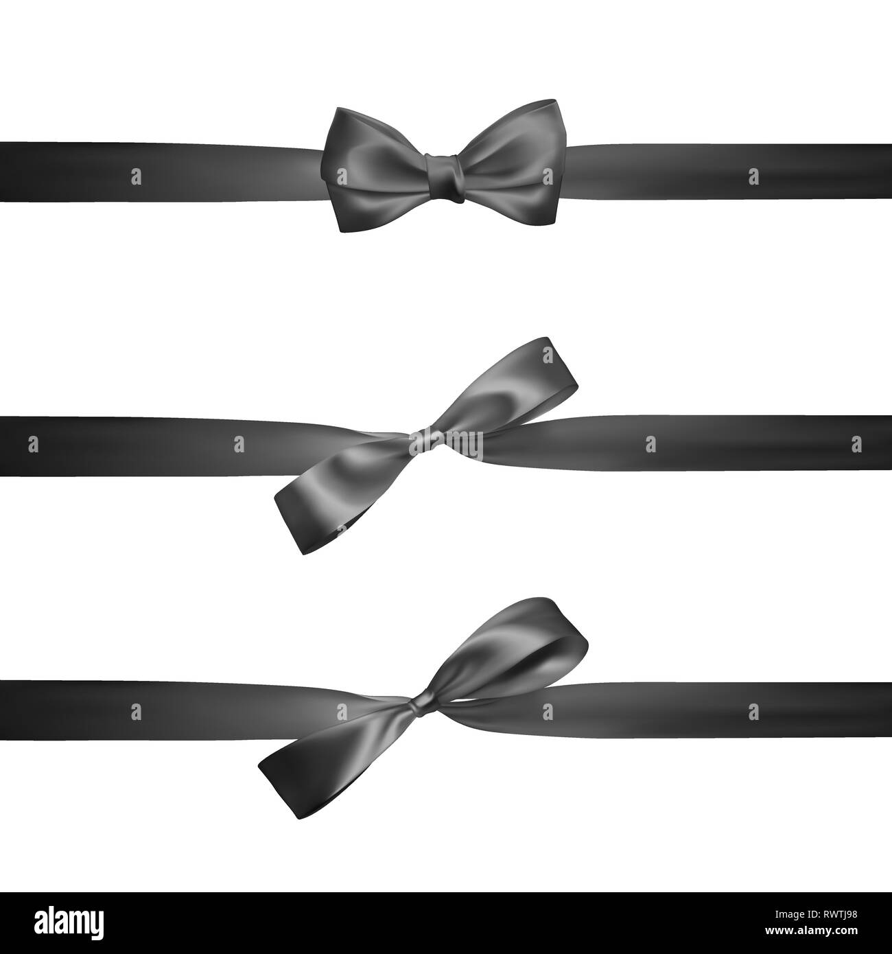 Realistic black bow with horizontal black ribbons isolated on white ...