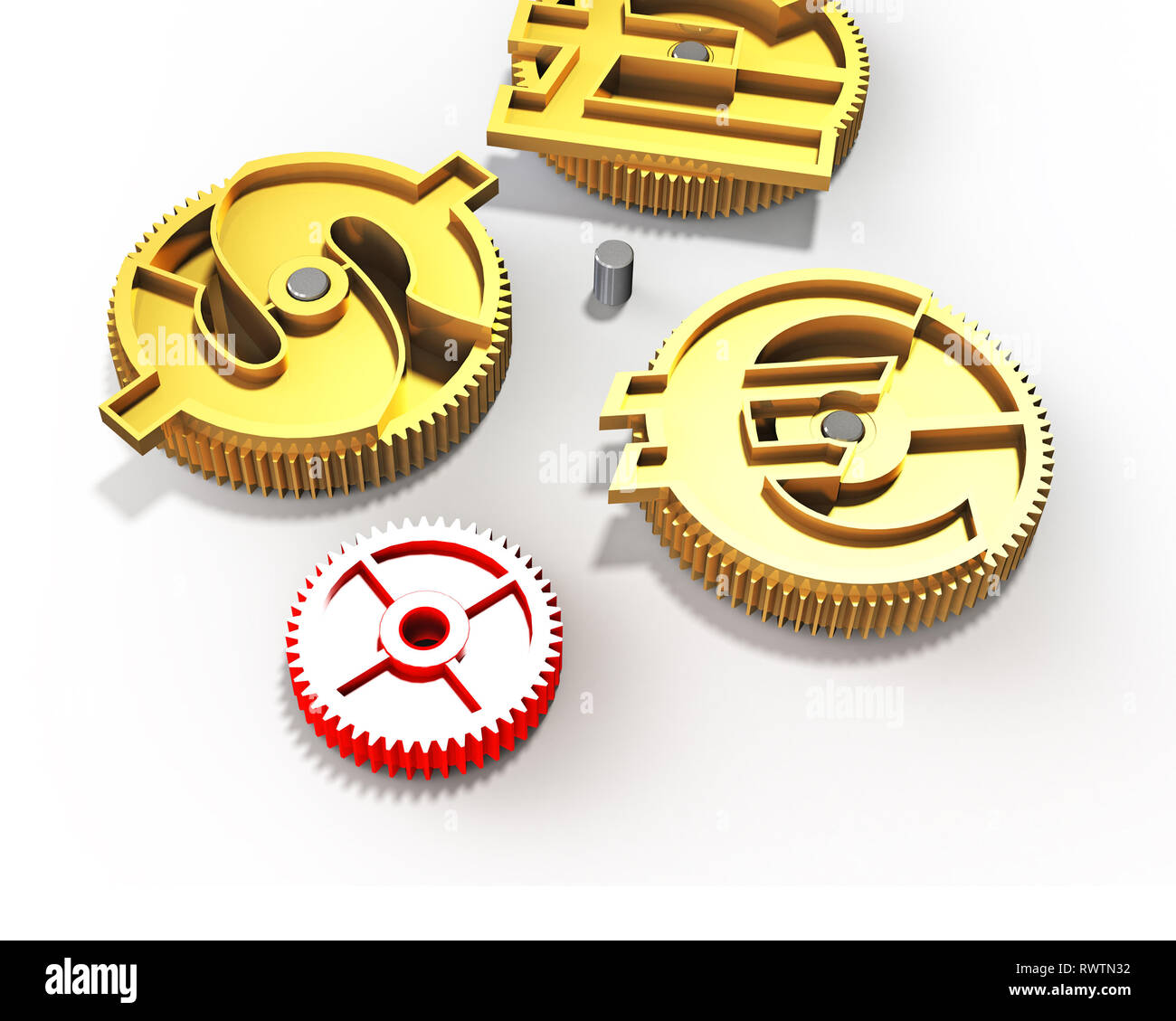 Gears with golden dollar sign, pound and euro symbol, isolated on white ...