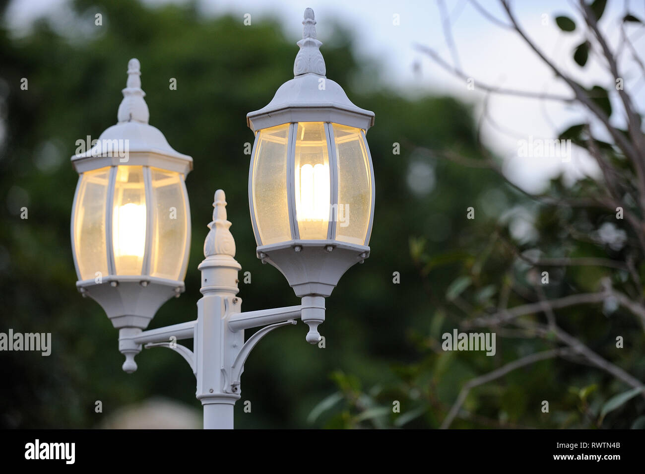 two white lanterns lit with trees and sky in the background Stock Photo