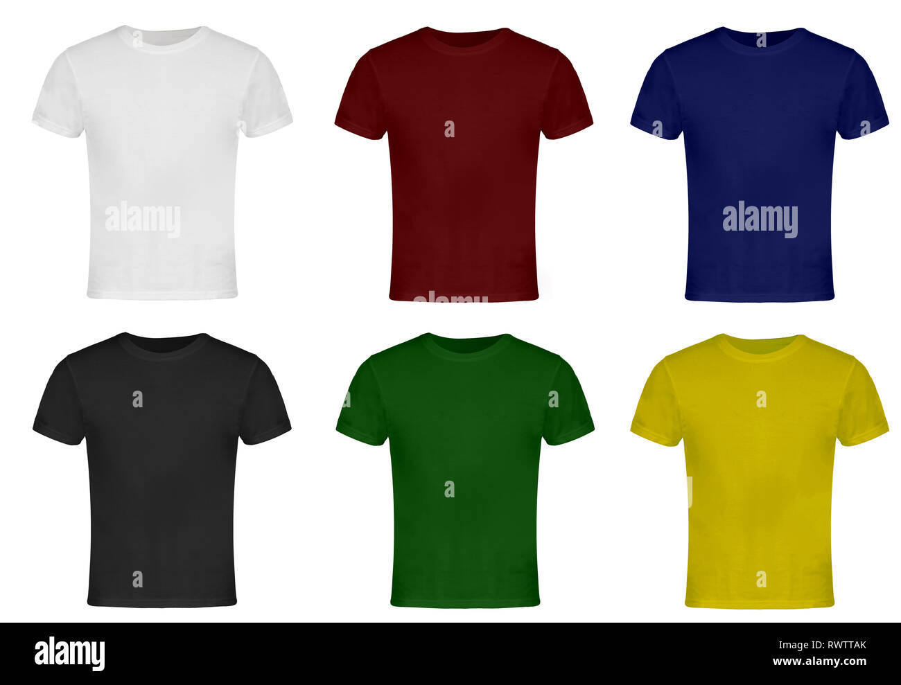 Blank T-shirts. White, Red, Blue, Gray, Green, Yellow. Front Stock Photo