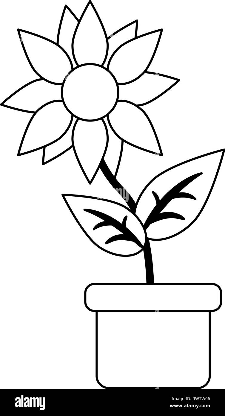 Sunflower in pot cartoon in black and white Stock Vector