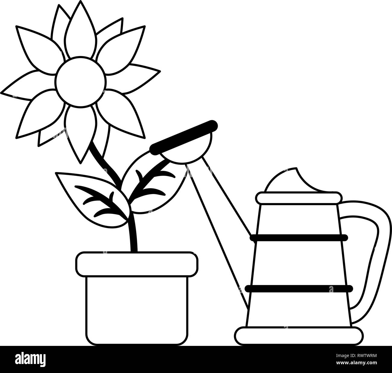 sunflower in pot and water can in black and white Stock Vector