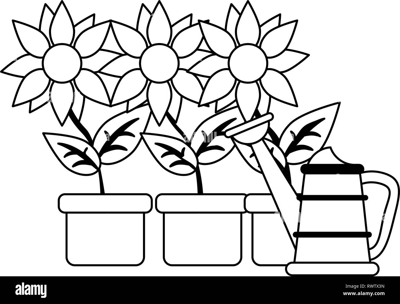 Sunflowers in pots with water can in black and white Stock Vector