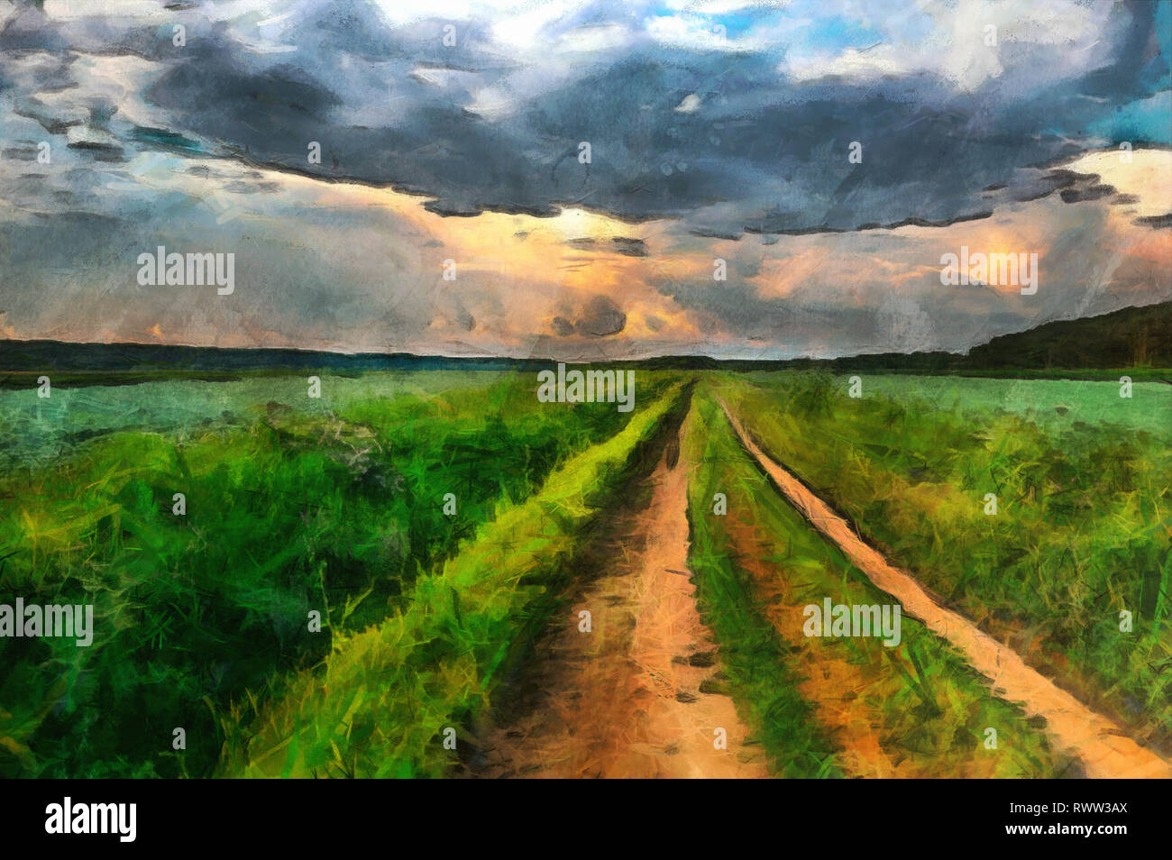 oil painting country road through the field Stock Photo