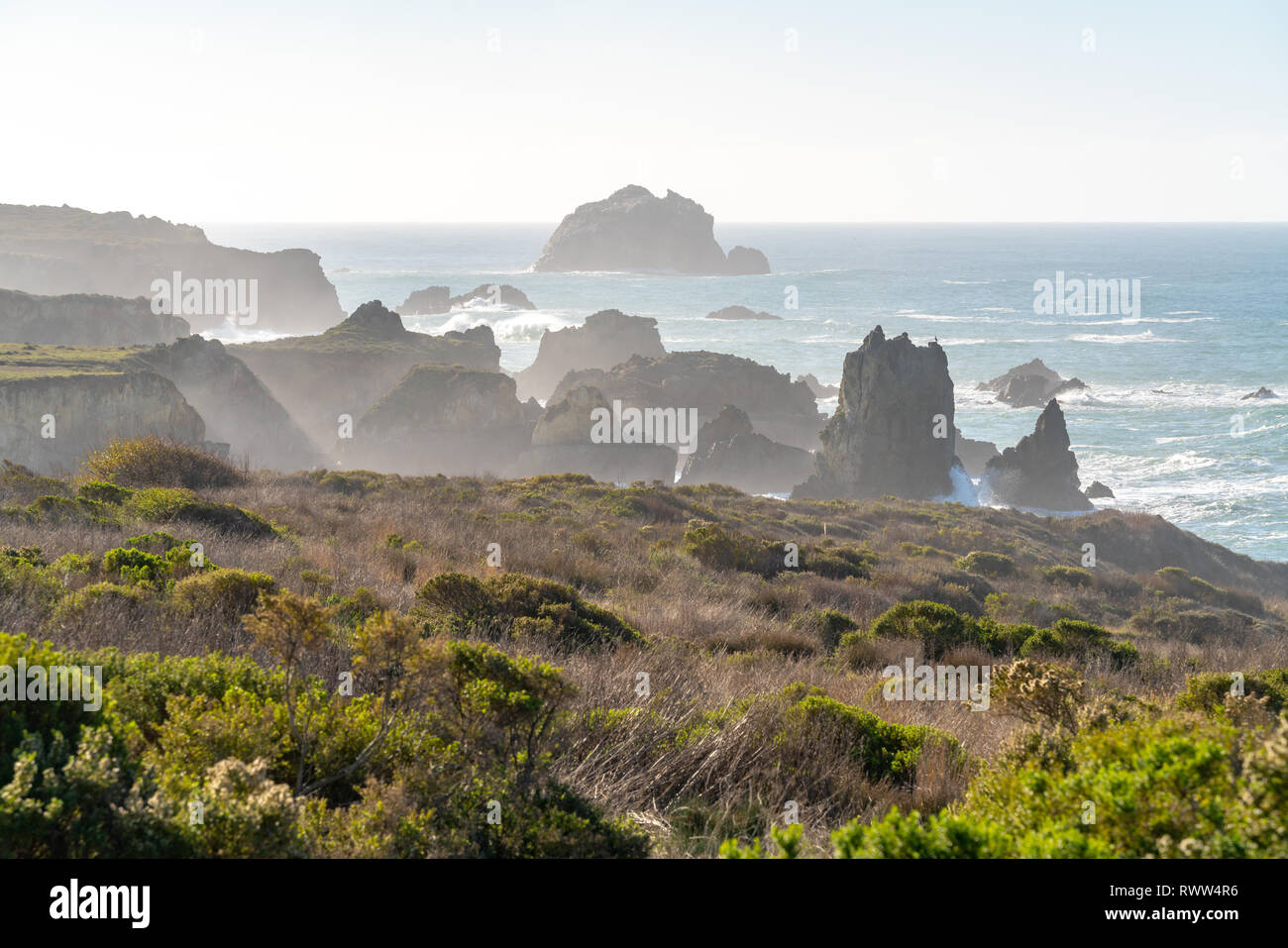 Big Sur, California - Many layers of sea stacks and rugged coastline along the west coast of the United States and the famous Highway One. Stock Photo