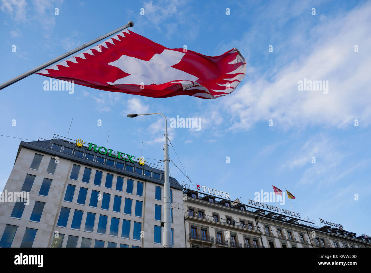 Swiss flag, Mont-Blanc Bridge, Geneva, Swiss Stock Photo