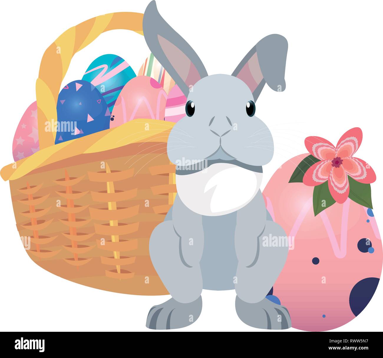 bunny basket filled eggs happy easter vector illustration Stock Vector ...