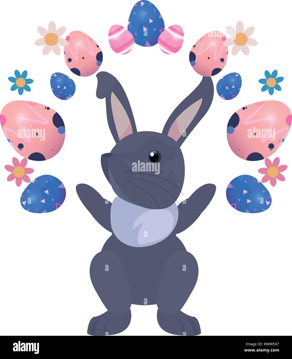 cute bunny and eggs painting flowers easter vector illustration Stock ...