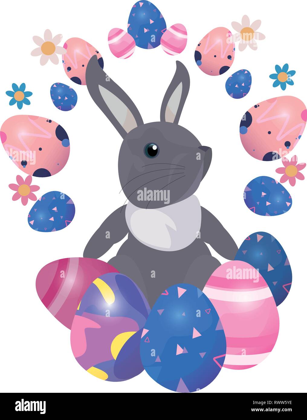 cute bunny and eggs painting flowers easter vector illustration Stock ...