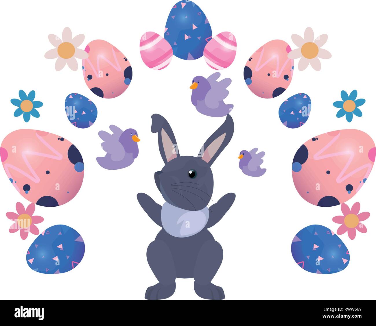 cute bunny and eggs painting flowers easter vector illustration Stock ...