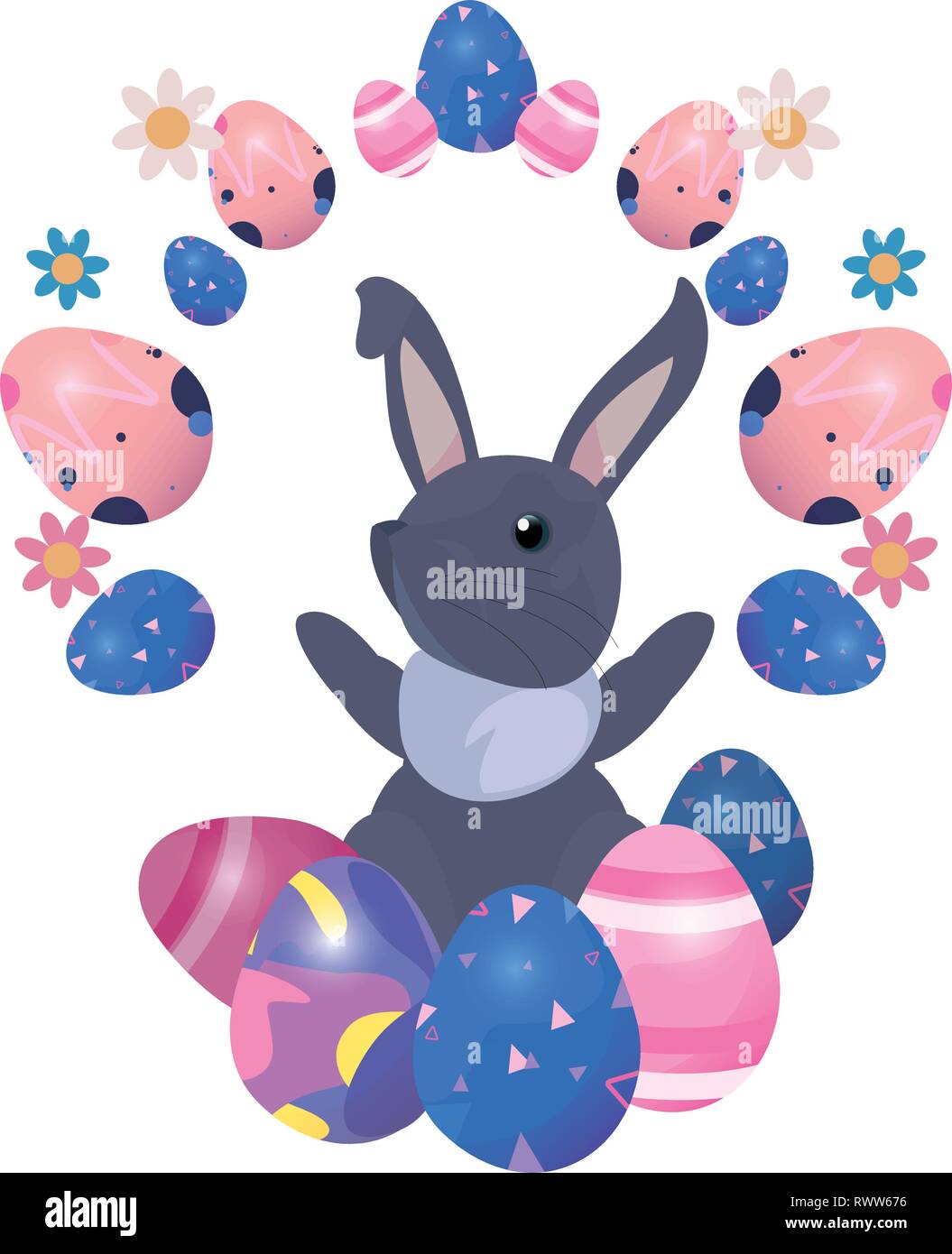 cute bunny and eggs painting flowers easter vector illustration Stock ...