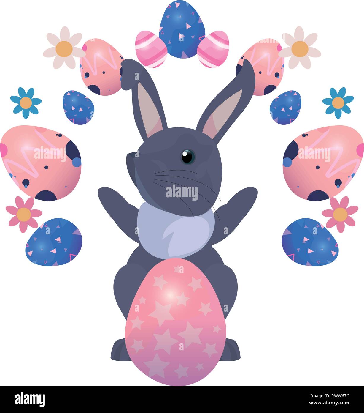 cute bunny and eggs painting flowers easter vector illustration Stock ...