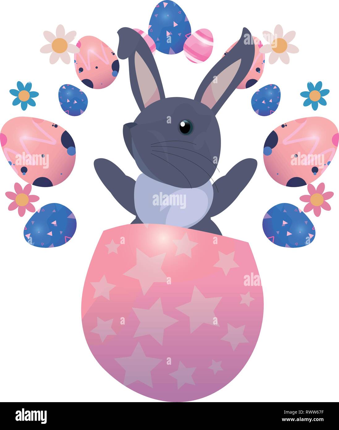cute bunny and eggs painting flowers easter vector illustration Stock ...