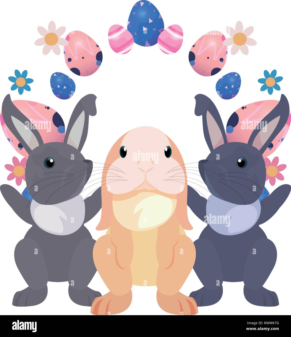 cute bunny and eggs painting flowers easter vector illustration Stock ...