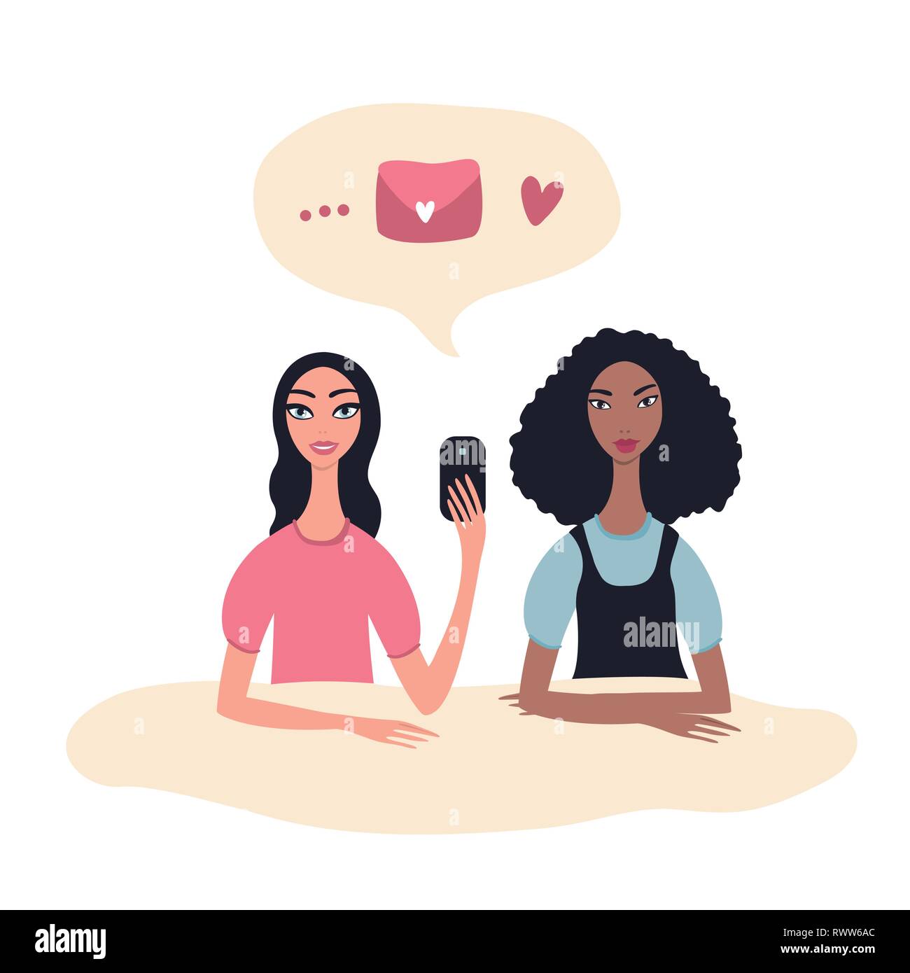 Modern communication technology concept Two girls chatting messaging texting Stock Vector