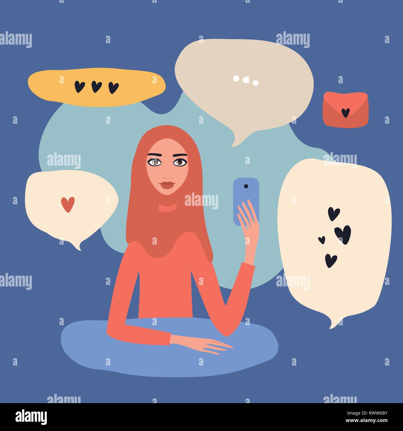 Lovely young beautiful Muslim woman wearing hijab holding mobile phone Modern communication technology concept Stock Vector