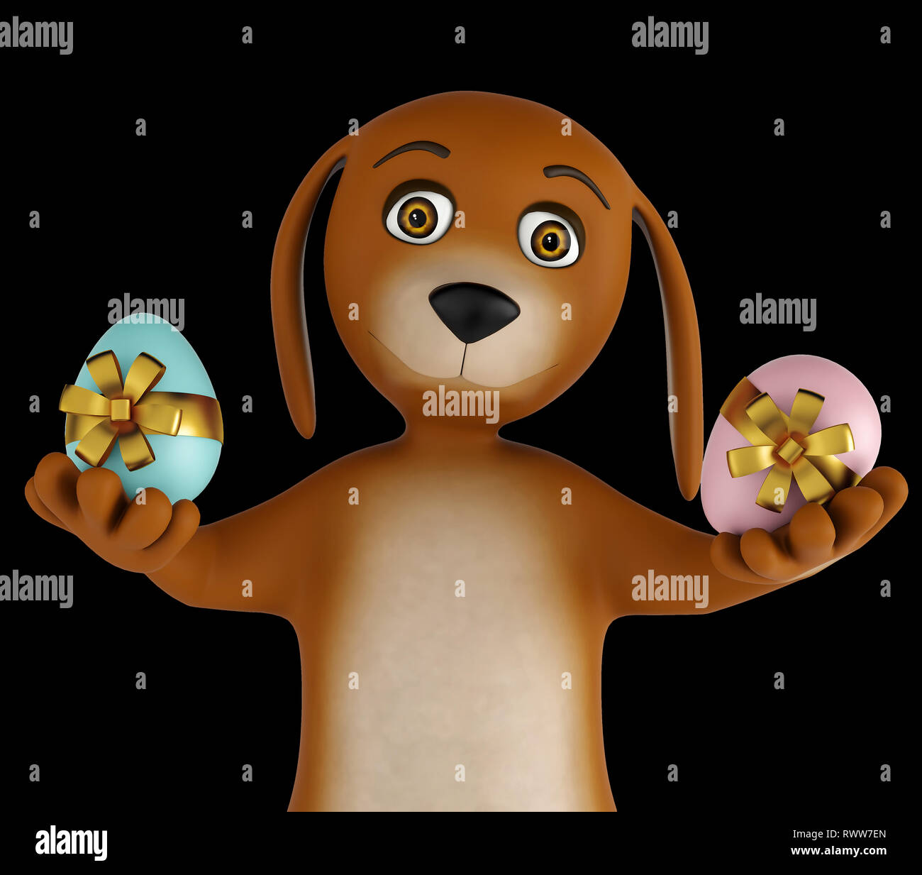 Cute cartoon dog with easter eggs isolated on black background. 3d render Stock Photo