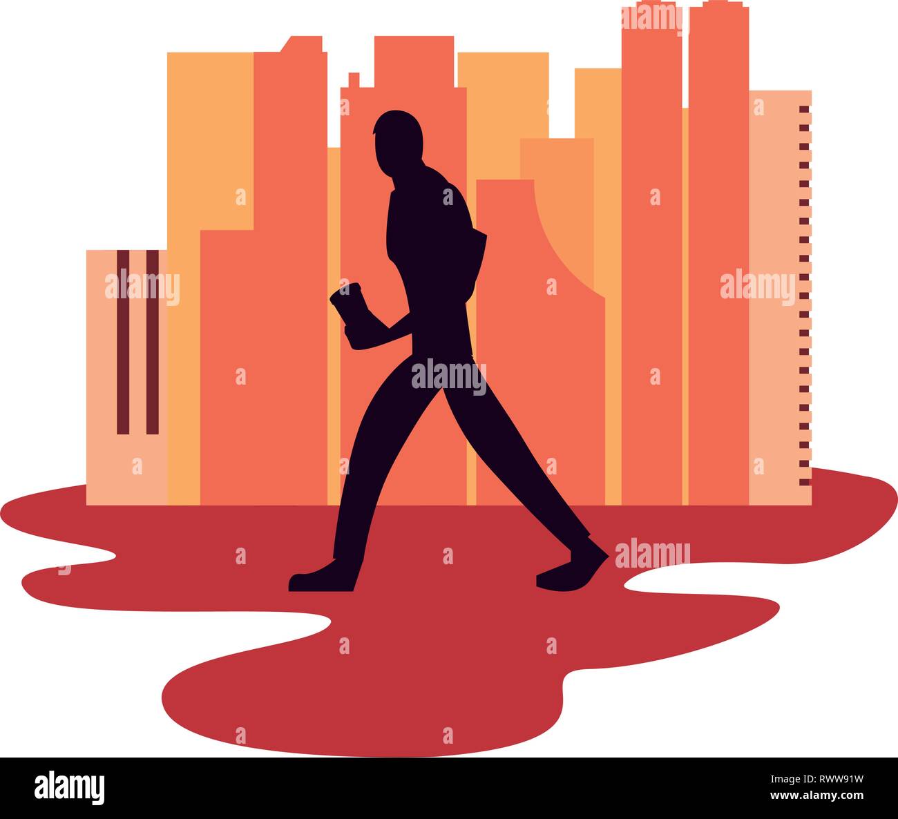 Man Silhouette Walking With Disposable Cup In Hand Vector Illustration 