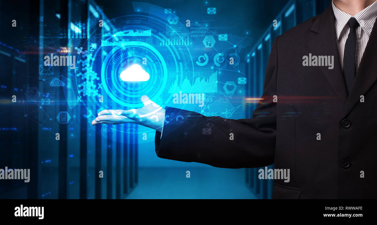 Man holding hologram projection displaying biometric security concept  Stock Photo