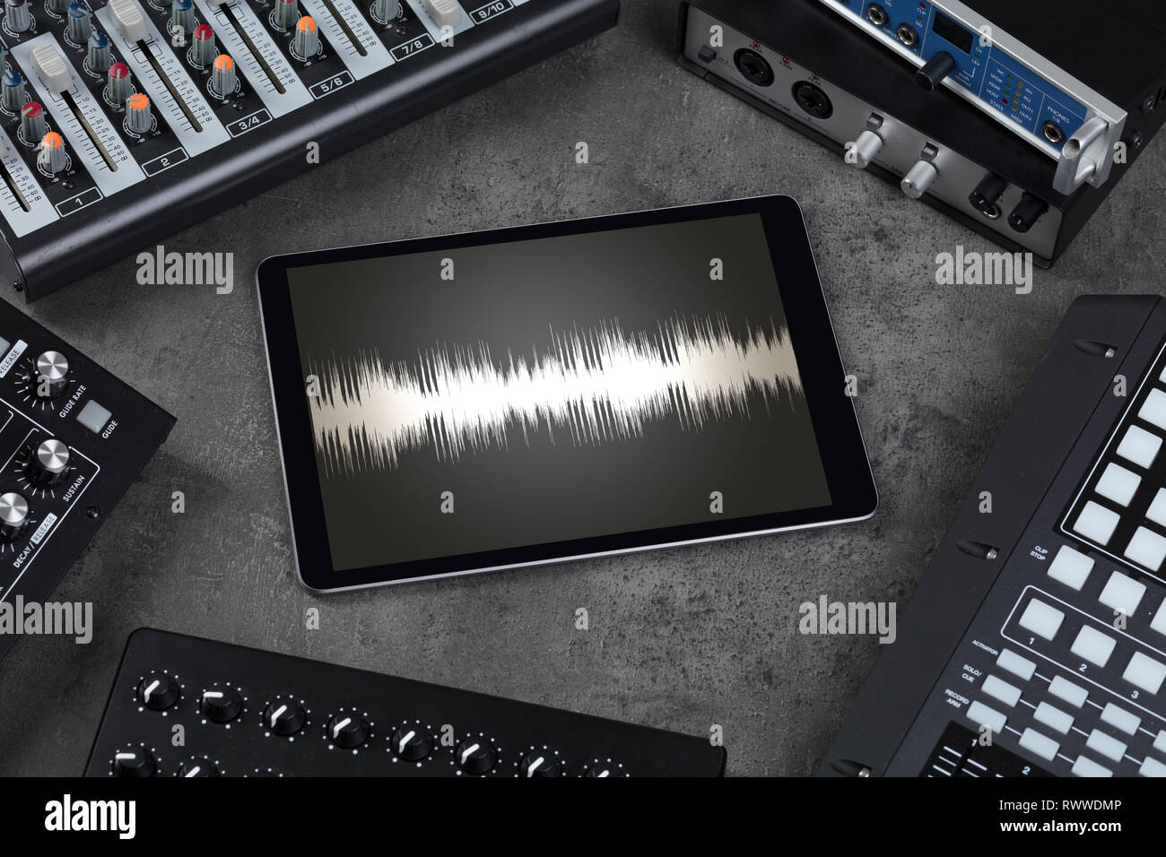Recording music with tablet and electronic music instruments Stock