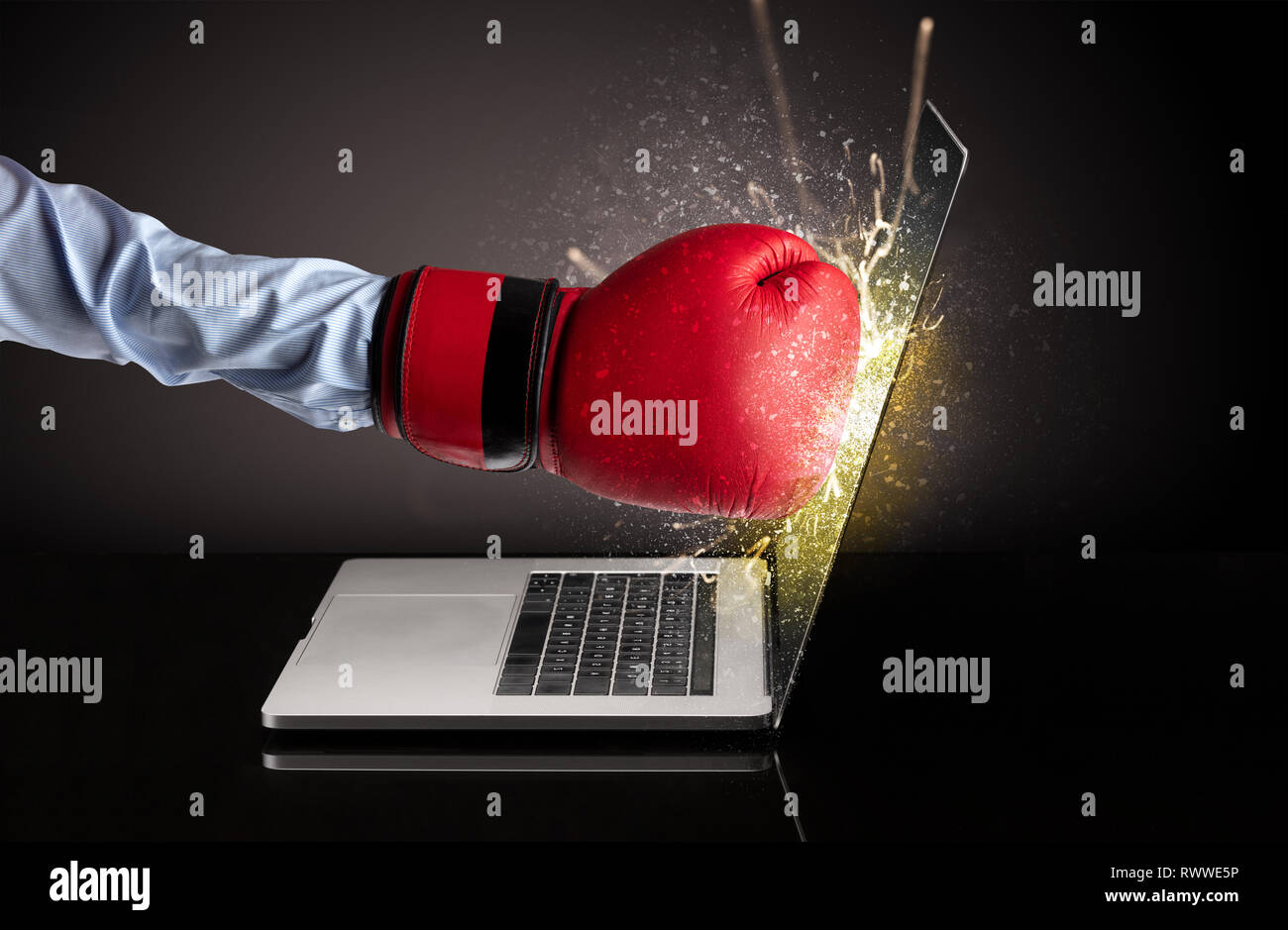 Strong arm boxing laptop screen strongly Stock Photo Alamy