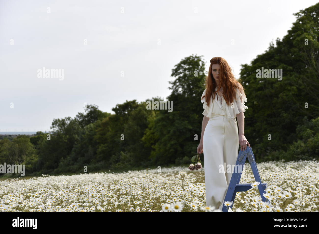 A beautiful red haired girl in a long white dress poses in the middle of a Daisy beautiful girl in a field Stock Photo