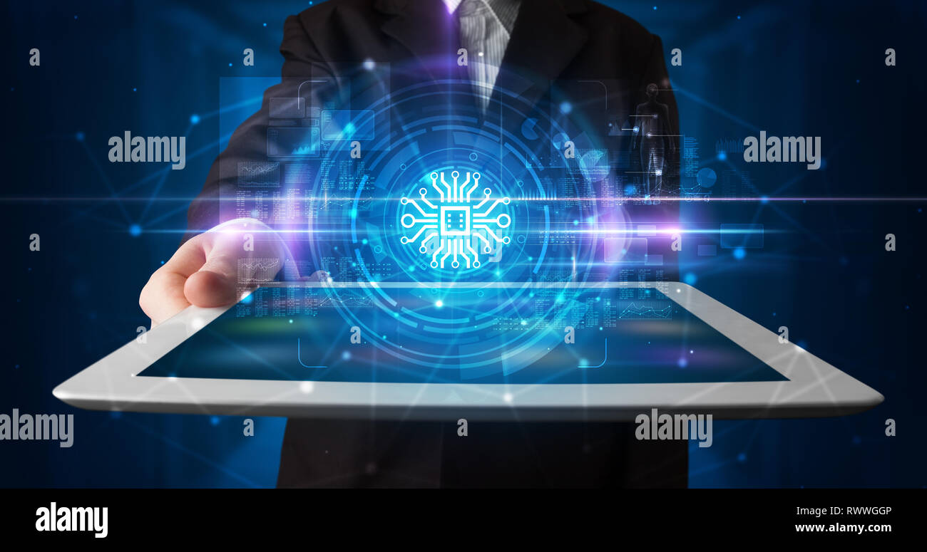 Hand holding tablet with online security and data protection concept ...