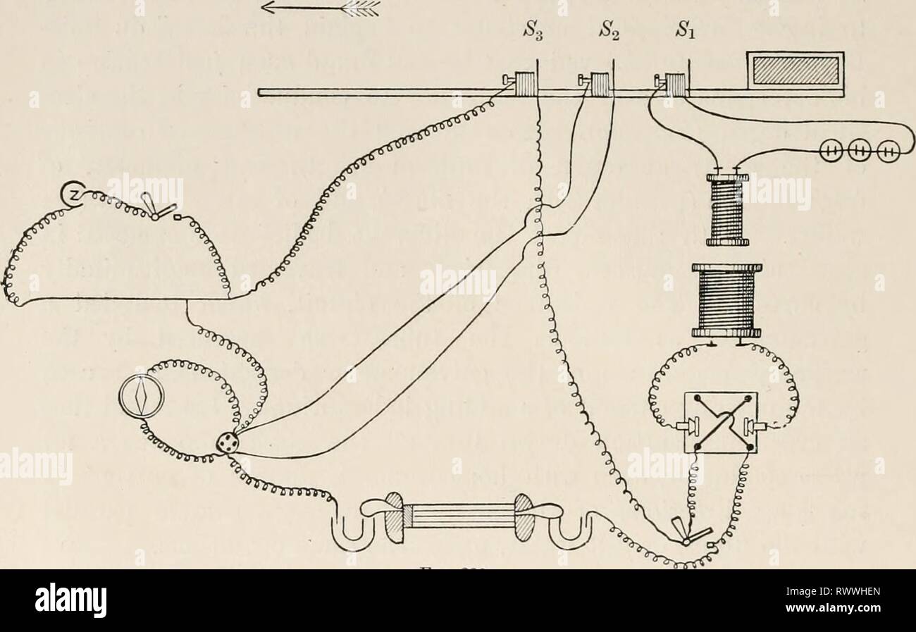 Electro-physiology (1896-98) Electro-physiology electrophysiolog02bied Year: 1896-98  458 ELECTRO-PHYSIOLOGY CHAT. shooting trigger successively opens three contacts. The first of these (Fig. 280, $, ) opens the circuit of the primary coil of a sliding apparatus, the second, $„, abolishes the shunt to the galvano- meter, which can only then be affected by the current from the organ- preparation; and, finally, the third, S.A, opens the galvanometer circuit again, so that the effect in the galvanometer can only last for the interval between the opening of S2 and that of S3. This interval, in Got Stock Photo