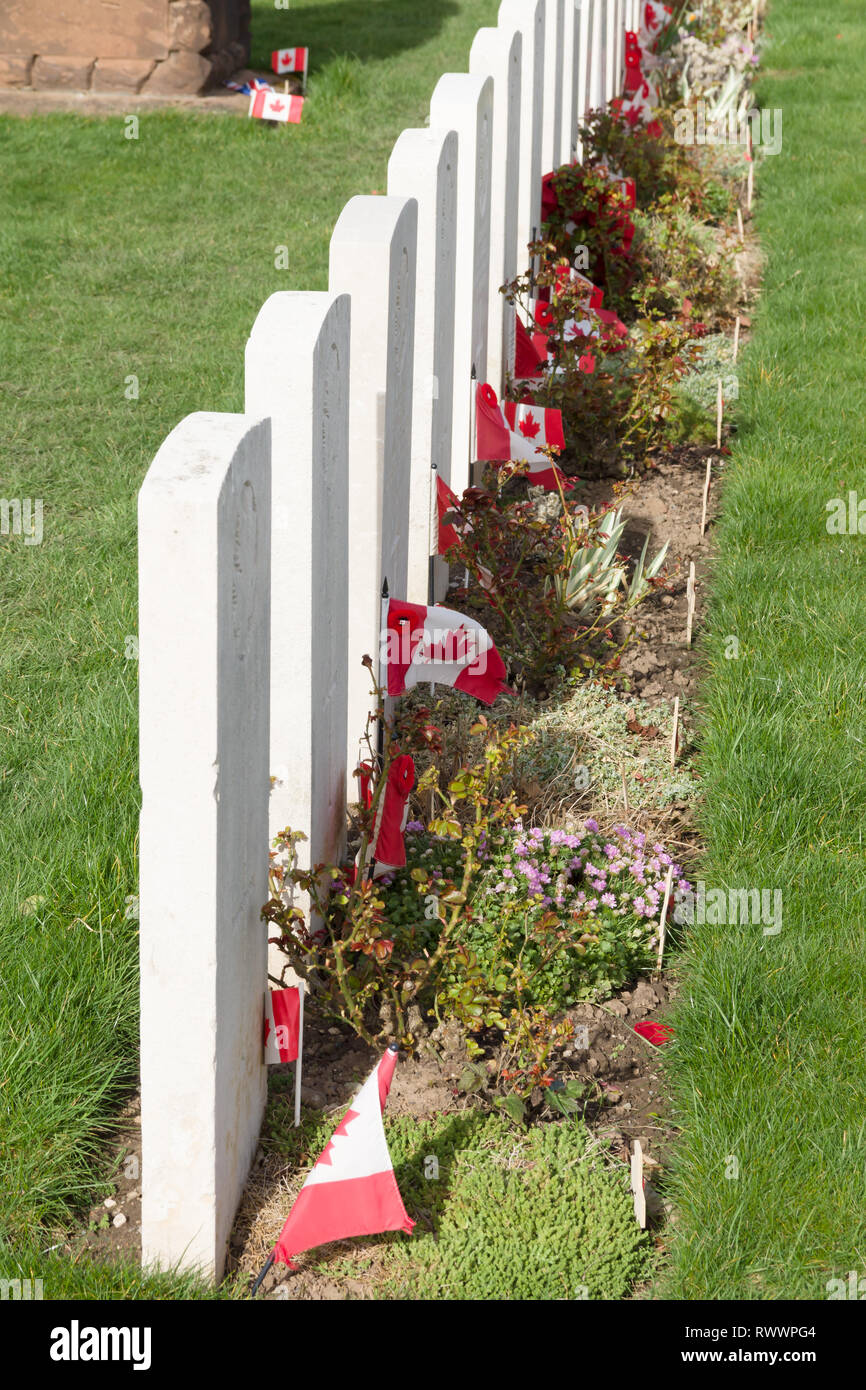 Canadian military graves at Saint Margarets in Bodelwyddan North Wales. Canadian troops were based at the nearby Kinmel Park camp Stock Photo