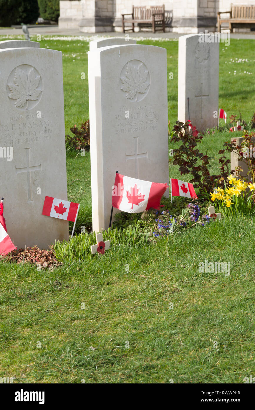 Canadian military graves at Saint Margarets in Bodelwyddan North Wales. Canadian troops were based at the nearby Kinmel Park camp Stock Photo